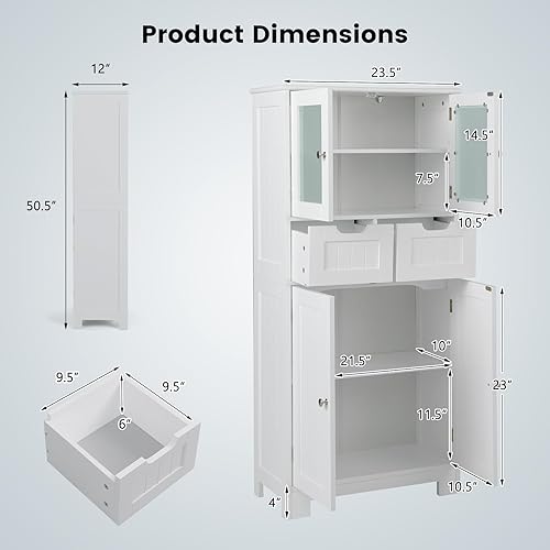 Miniatura 6 de COSTWAY Gabinete de almacenamiento alto para baño, organizador de almacenamiento independiente con puertas de vidrio, 2 cajones y 2 estantes
