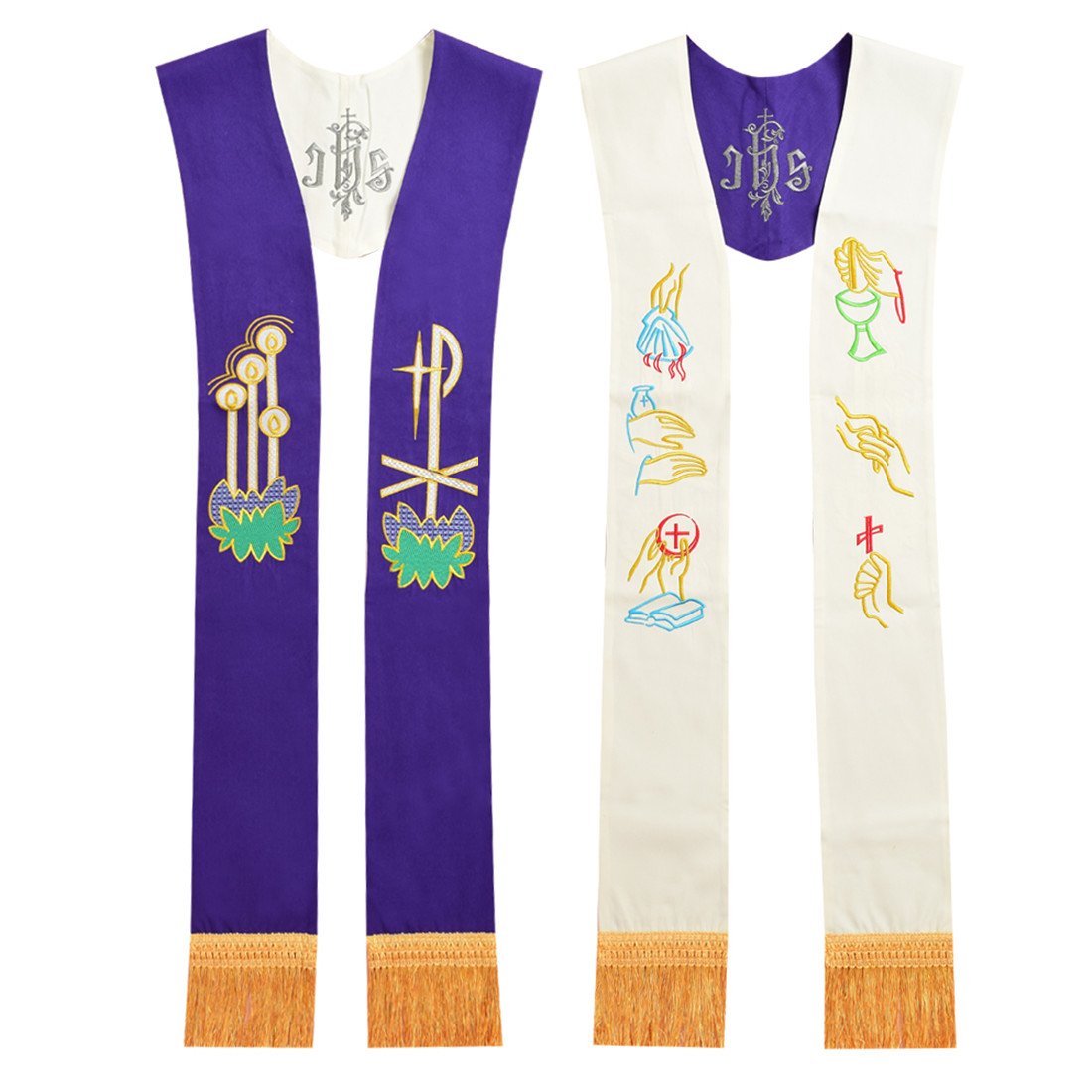 Blessume Men's White & Purple #2 Priest Reversible Stole Embroidered Chasuble Stole (White & Purple #2)