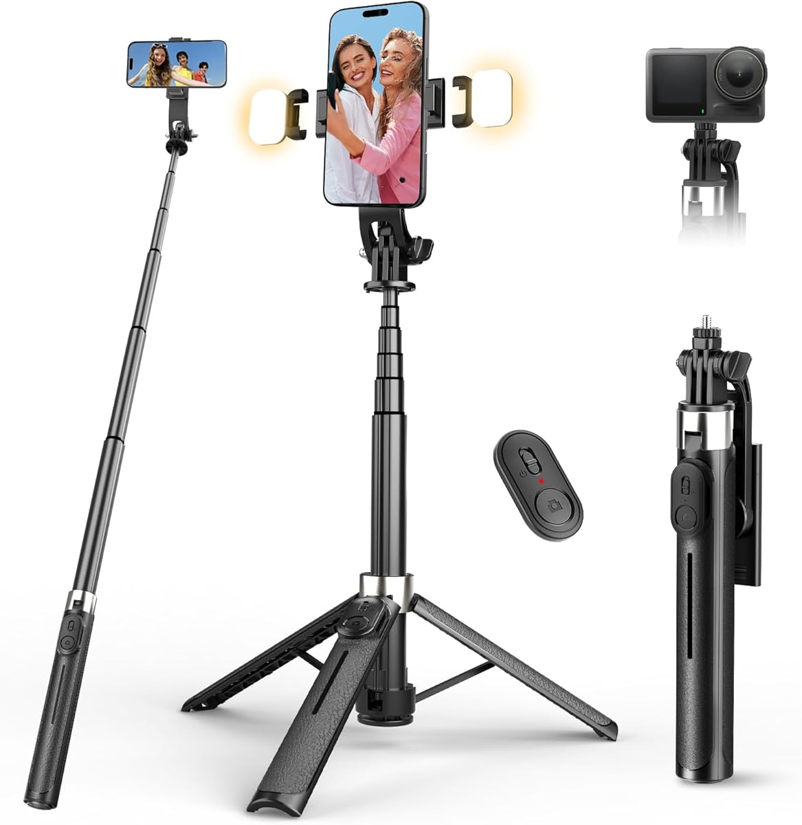 43'' Selfie Stick Tripod with Light, All-in-One Portable & Extendable Cell Phone Tripod Stand with Wireless Remote, Selfie Stick for iPhone/Samsung/Smartphone/Camera