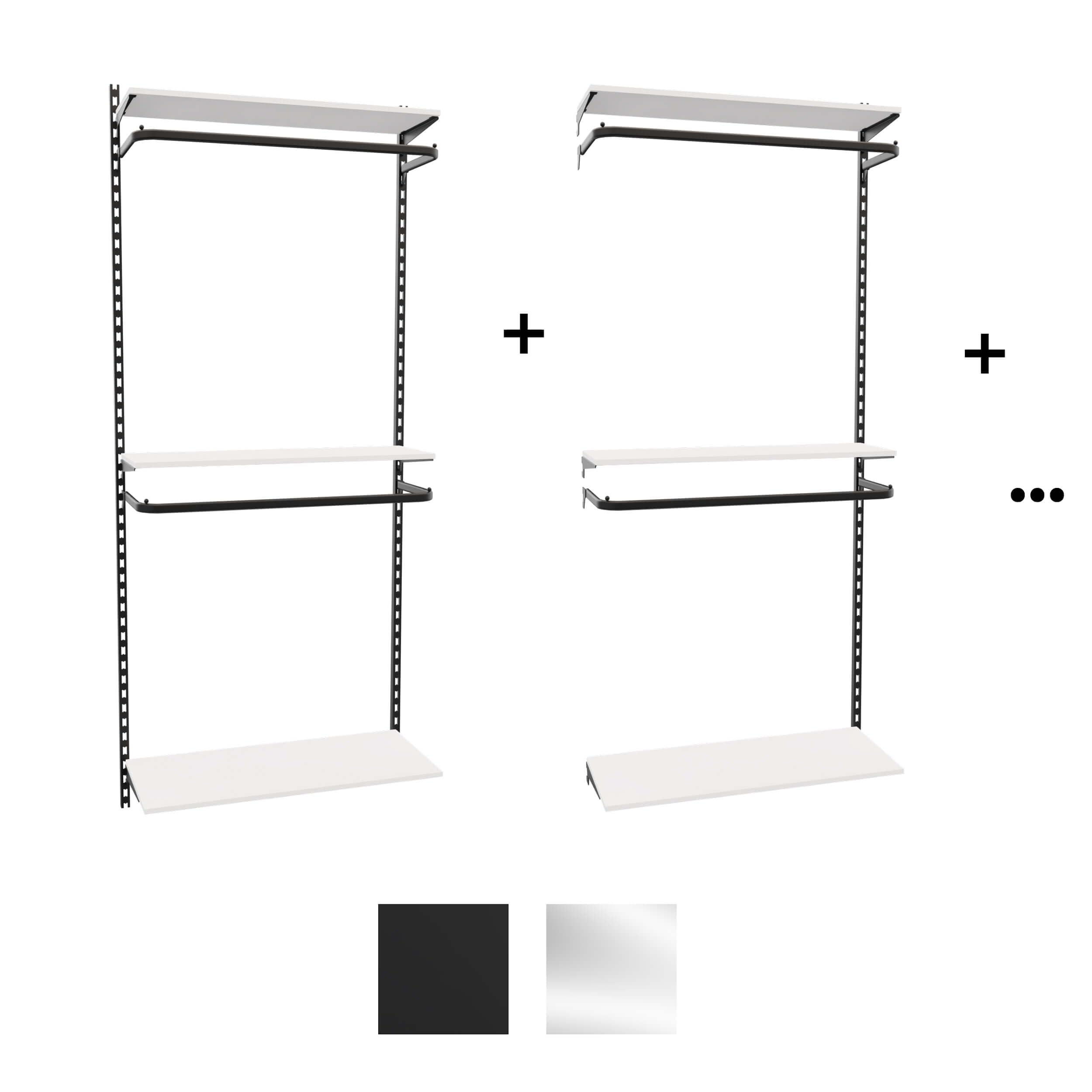 Wandschienensystem Sets New York Regalsystem Schwarz inkl. Konfektionsrahmen, Bodenträger und Regalböden, Wandschienen H-Lochung, Verkaufswand erweiterbar (Lichtgrau, 3er Set)