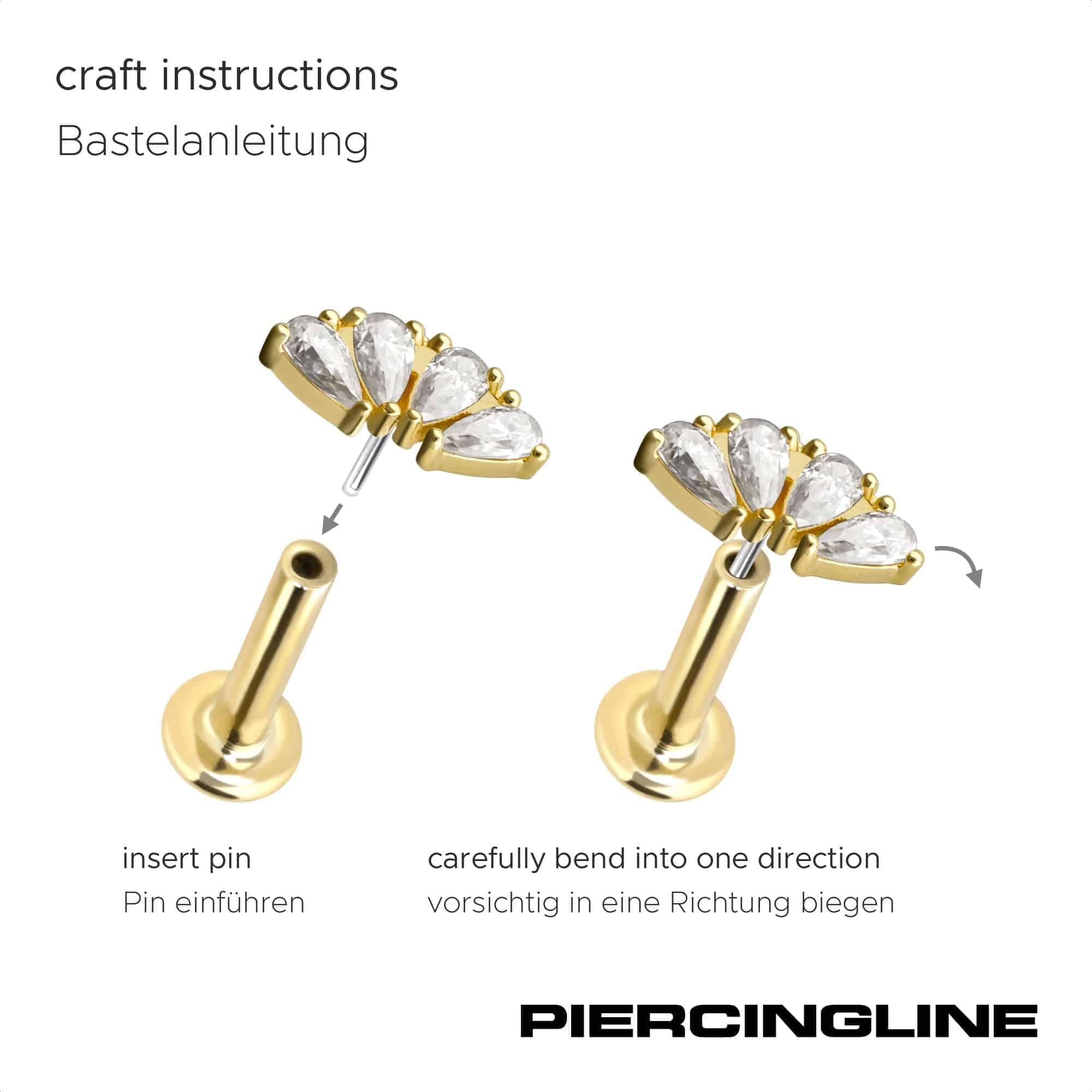 PIERCINGLINE Piercing Stecker 14 Gold Labret mit Push Fit MOISSANIT-BOGEN 585er Gold - Roségoldfarben, Goldfarben, Silberfarben
