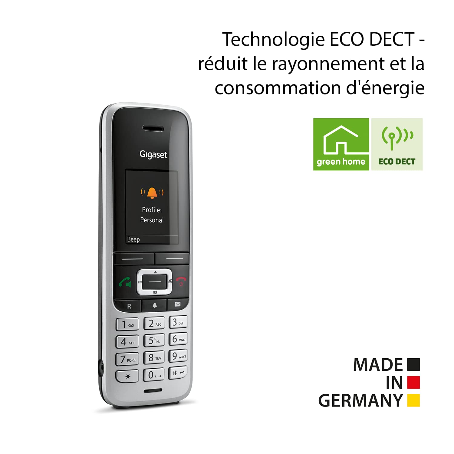 Gigaset Premium 100 - Téléphone sans Fil DECT - Grand écran Couleur TFT - Carnet d'adresses de 500 Contacts - Synchronisation des données par USB, qualité Audio supérieure, Coloris Platine-Noir