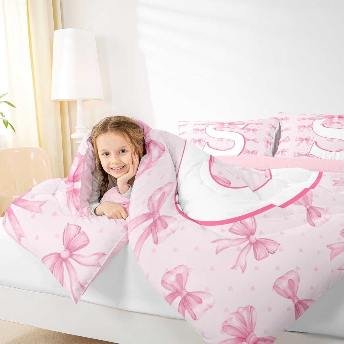 Feelyou Pink Bowknot Bedding Set Soft for Boys Girls Twin