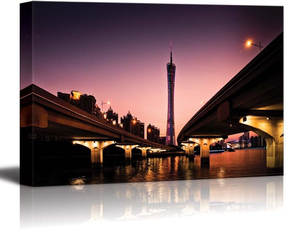 wall26 Guangzhou Canton Tower View Under Two Bridges at Nightfall Time for Home or Office Art - Canvas Art Wall Art - 32" x 48"