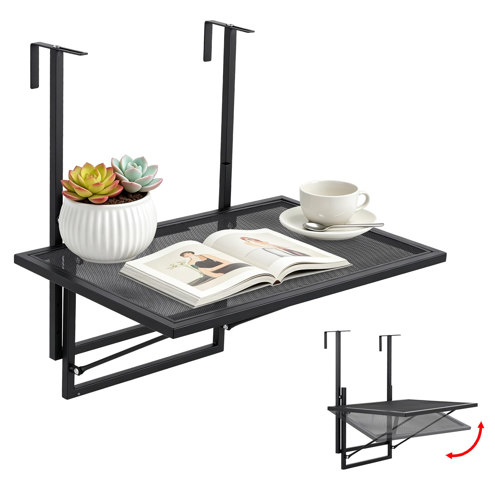Table de balcon pliable à suspendre, réglable en hauteur, pour balustrade, 60 x 40 cm, en acier, petite table de balcon, résistante aux intempéries, table de balcon à suspendre