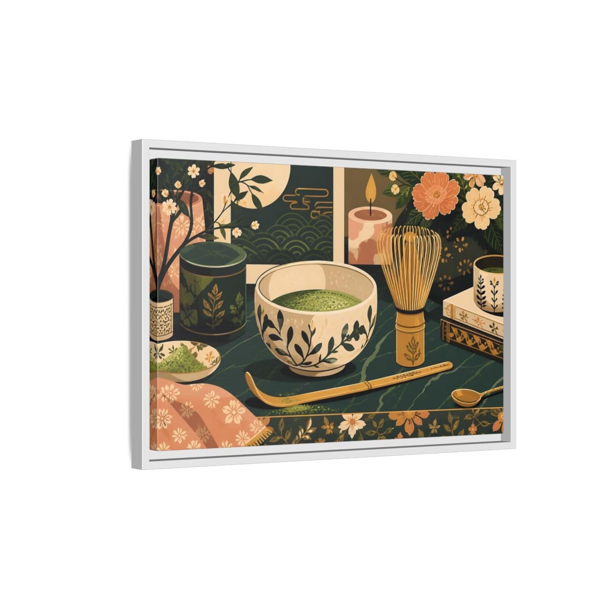 Matcha Tea Still Life Framed Canvas Print Wall Art – Kitchen Decor, Dining Area 24×16 inch (60×40 cm) - Horizontal/White / 1.25 inch (3 cm)