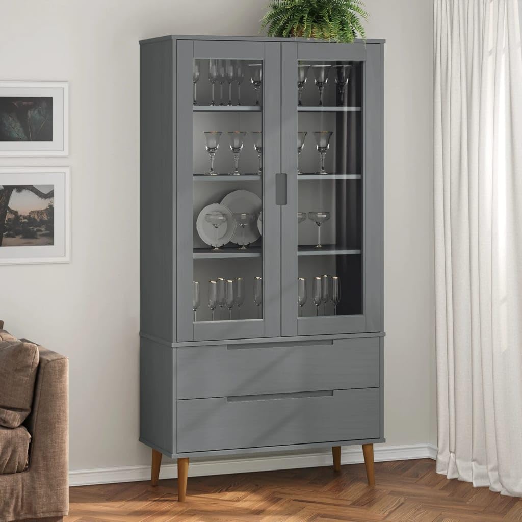 vidaXL Vitrinenschrank, Vitrine mit 2 Schubladen 4 Fächern, Bücherregal mit UV-Lackierung, Bücherschrank Schrank Büroschrank, Grau Massivholz Kiefer