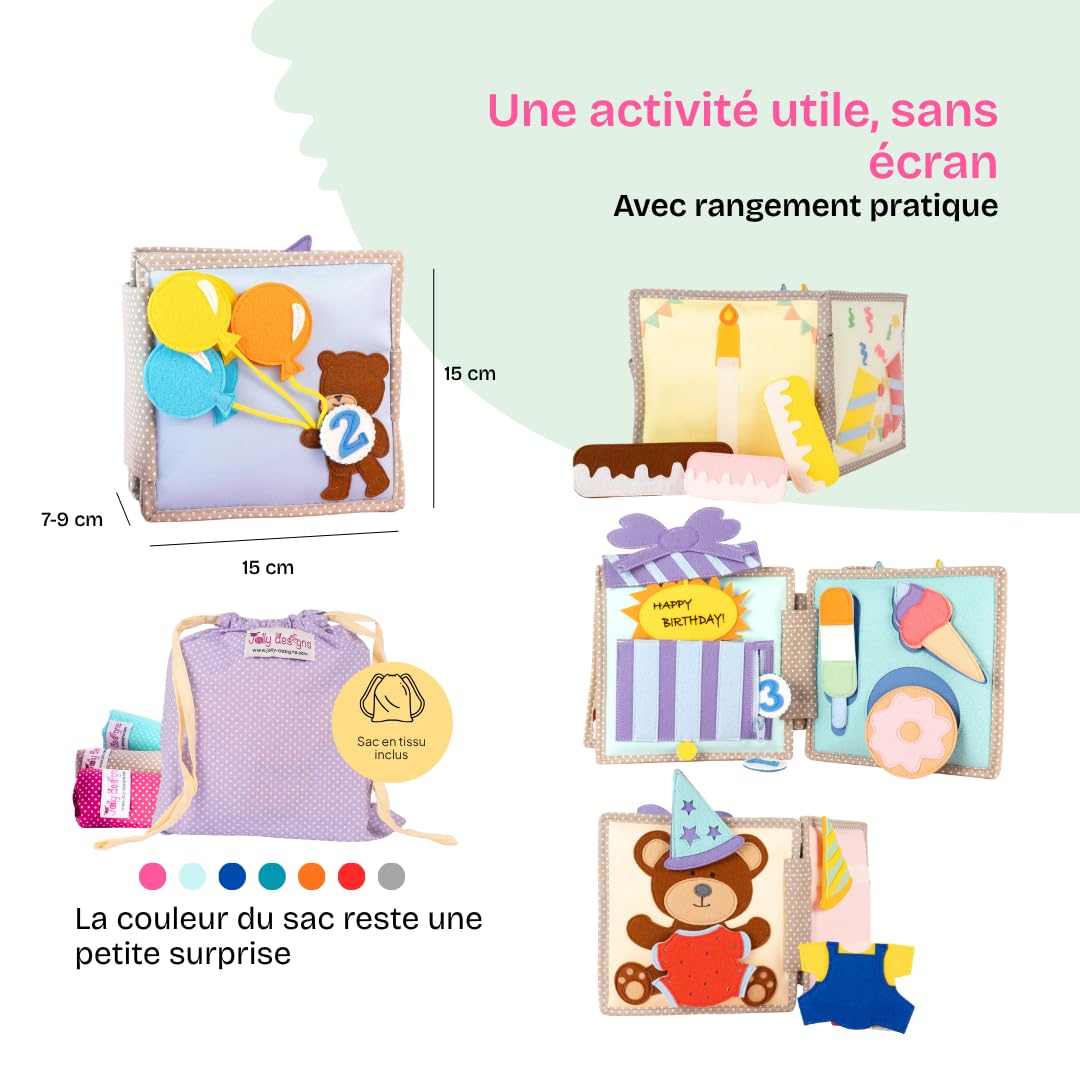 Jolly Designs® Mini Quiet Book Joyeux Oursiversaire – Jouet Montessori dès 12 Mois – Livre sensoriel & Livre Tissu pour bébé – Busy Book Fait Main en Feutrine – Jouet éducatif & de Voyage