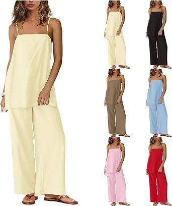 ZWRXW 2 Piece Sets for Women Summer Travel Beach Vacation Outfit Sleeveless Spaghetti Strap Tops and Linen Pants Lounge Sets