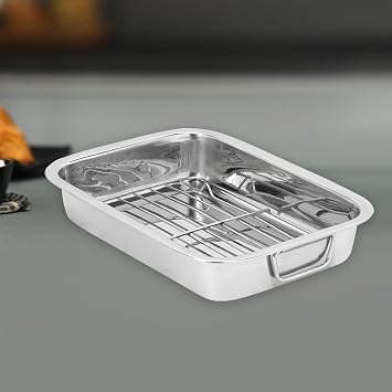 ROYALFORD Roasting Tin with Rack, 30 Cm | Stainless Steel Roasting Pan with Grill for Baking Grilling | Rust-Free Baking Pan for Perfect Roasting | Silver