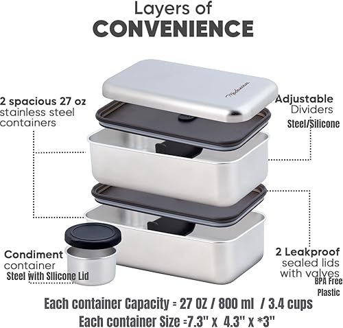 Miniatura 2 de Caja Bento a Prueba de Fugas Apilable de Acero Inoxidable para Adultos Lonchera de Acero Inoxidable para Adultos Caja Bento de Metal Envase de