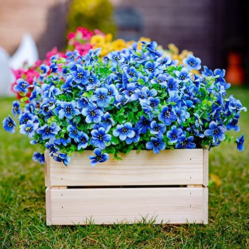 Axylex Artificial Plants Fake Flowers Outdoor - 16 Bundles Faux Outside Greenery Boxwood No Fade Uv Resistant Plastic Shrubs Spring Home Decor Farmhouse Garden (Blue) #TOP5