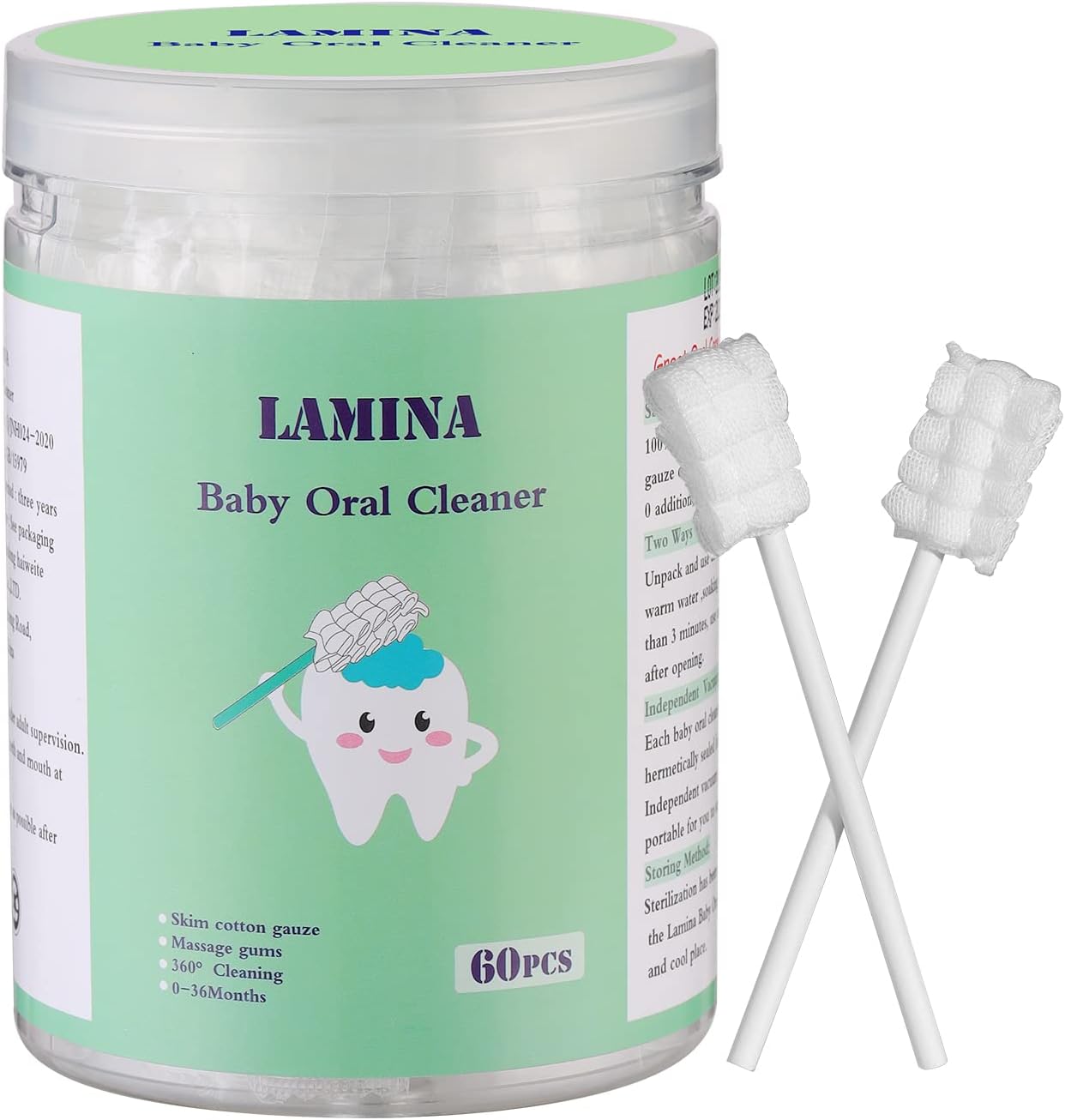Lamina 60 Pack Infant Tongue Cleaner, Baby Oral Cleaner, Disposable Baby Toothbrush, Soft Gauze Toohthbrush Massage Baby Gum, Newborn Mouth Cleaning Stick Dental Care for 0-36 Month Baby