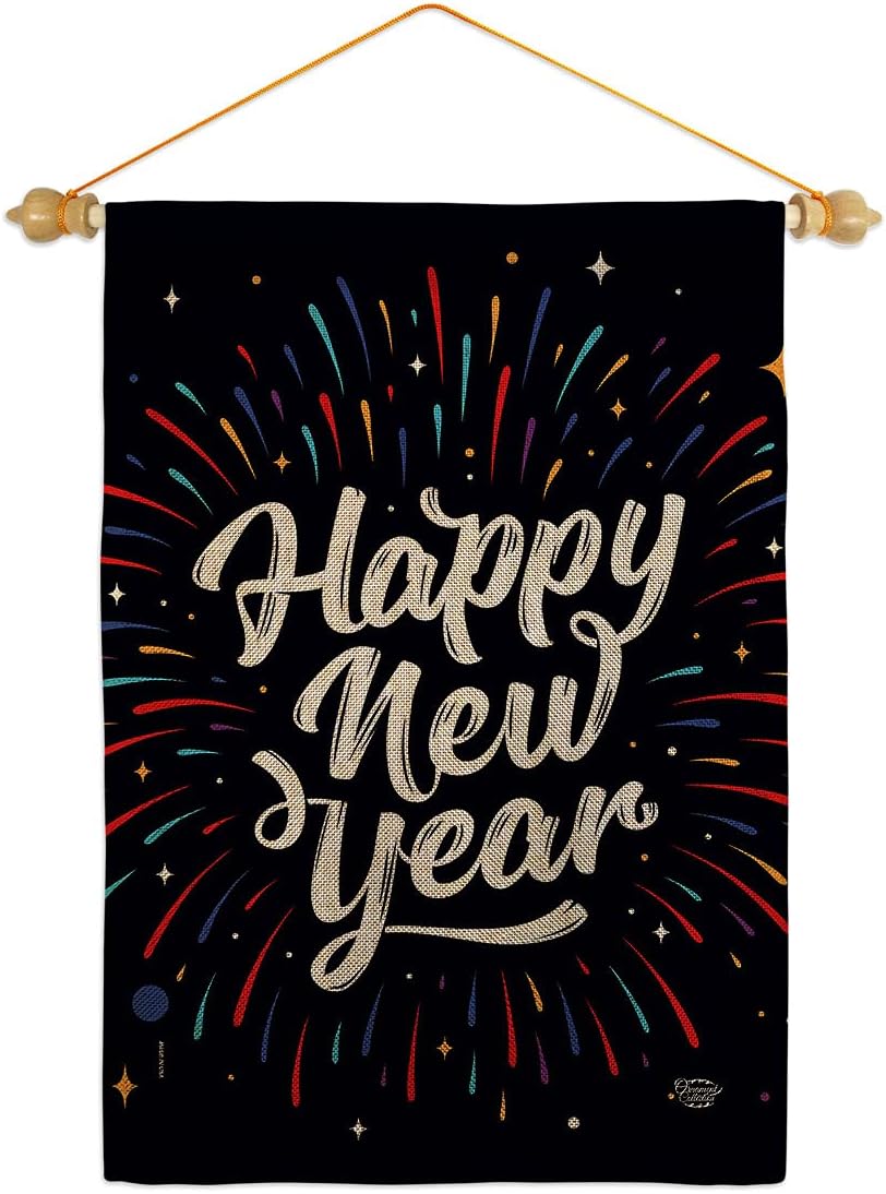 Happy New Year Burlap Burlap Garden Flag Set Wood Dowel Clock Countdown Champagne Party Fireworks Celebrate Small Decorative Gift Yard House Banner Double-Sided Made In USA 13 X 18.5