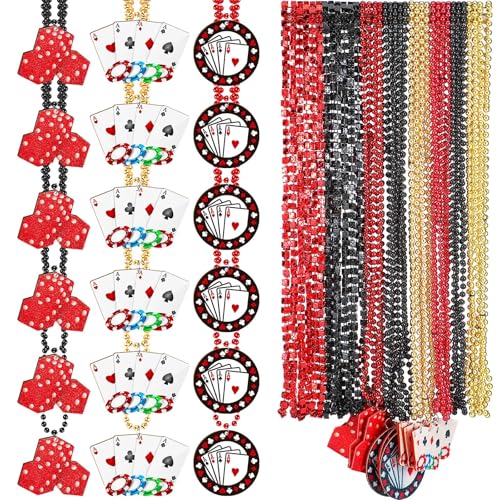 Relaxgiant 36 Pcs Casino Night Beaded Necklaces Bulk 3 Types Poker Dice Sign Necklaces Casino Party Favors Las Vegas Game Night Decorations, Red Black Gold