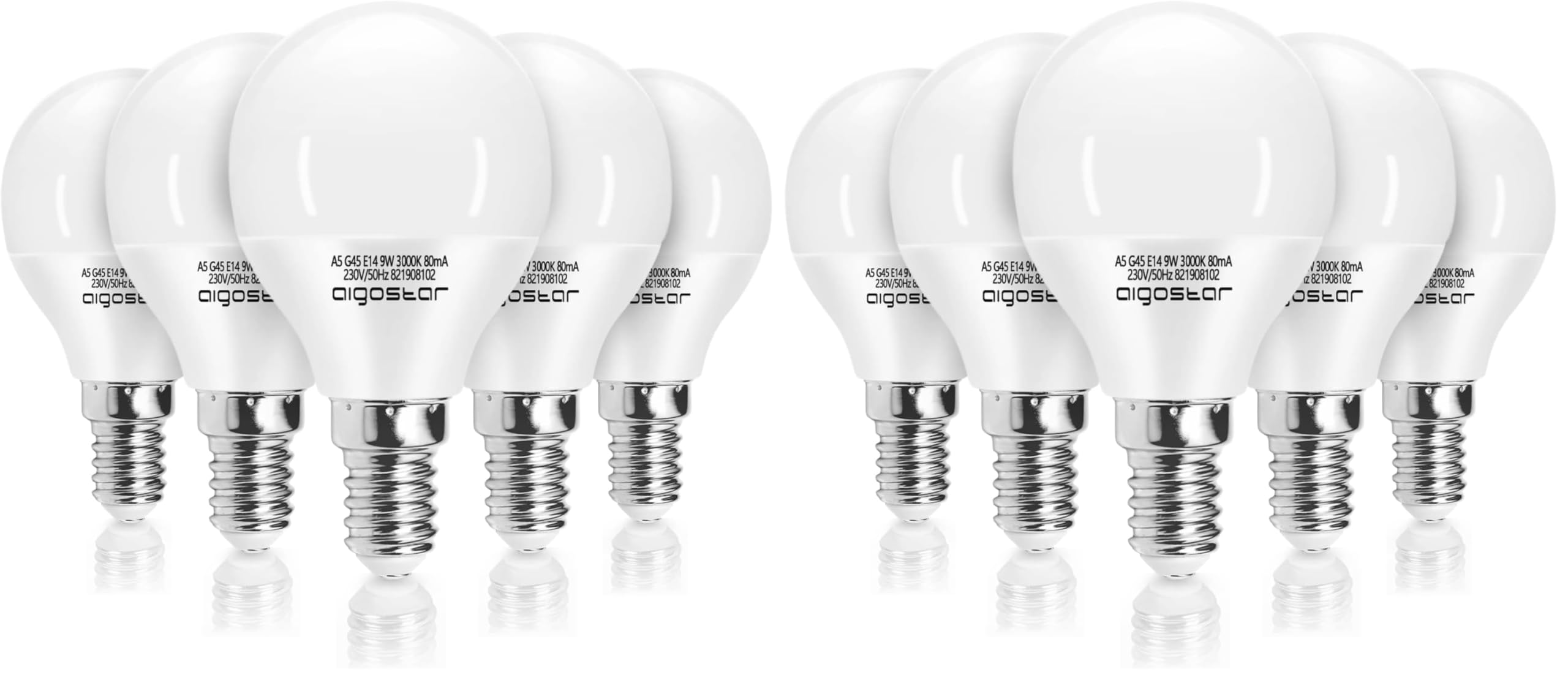 Aigostar - Lampadina LED E14 da 9 W (Equivalenti a 62W), Luce Calda 3000K, 840 Lumen, CRI> 80, Risparmio Energetico, Non Dimmerabile, Pacco da 10