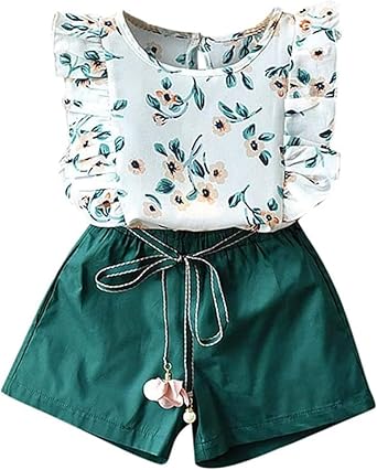 Baby Toddler Girls Summer Outfits Childrens Flower Print T-Shirt Shorts Set