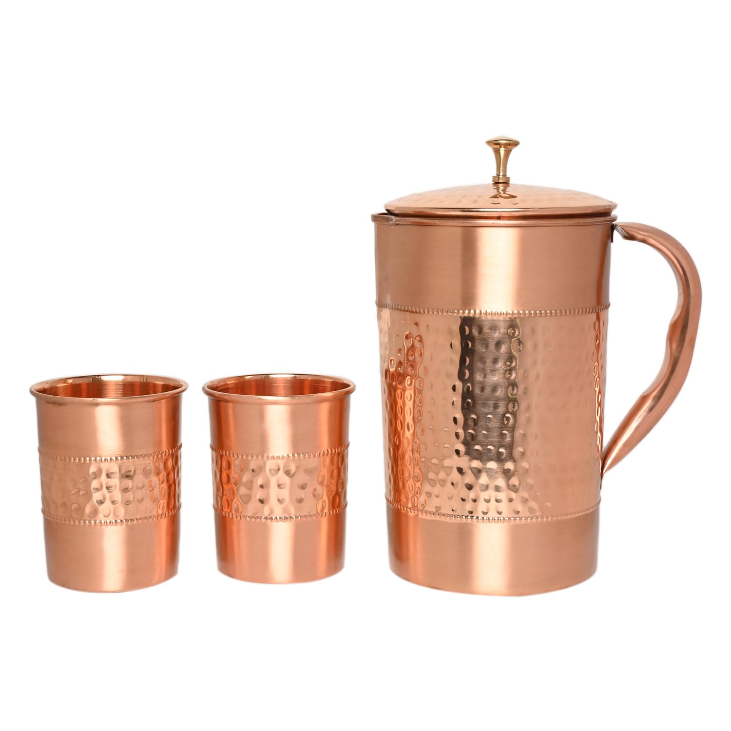Carafe à eau en cuivre pur avec 2 gobelets en cuivre (martelé et motif uni) pour les bienfaits de la santé ayurvédique (avec verre droit)