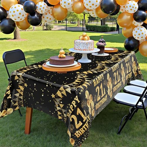 Image of Labeol 3 Pack 21st Birthday Tablecloth, Black and Gold Happy 21st Birthday Decorations, Disposable Plastic Rectangular Table Cover Party Supplies for Boys Girls