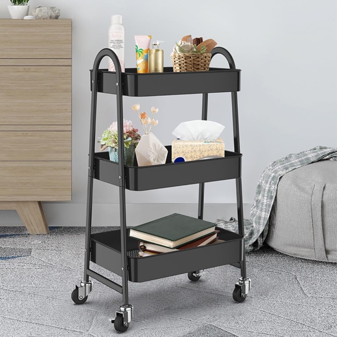 Globalmix Carrello scaffale mobile a 3 livelli, con ruote, con maniglia, 2 freni, cestini in metallo, facile da montare, camera da letto, cucina, ufficio, bagno (nero)