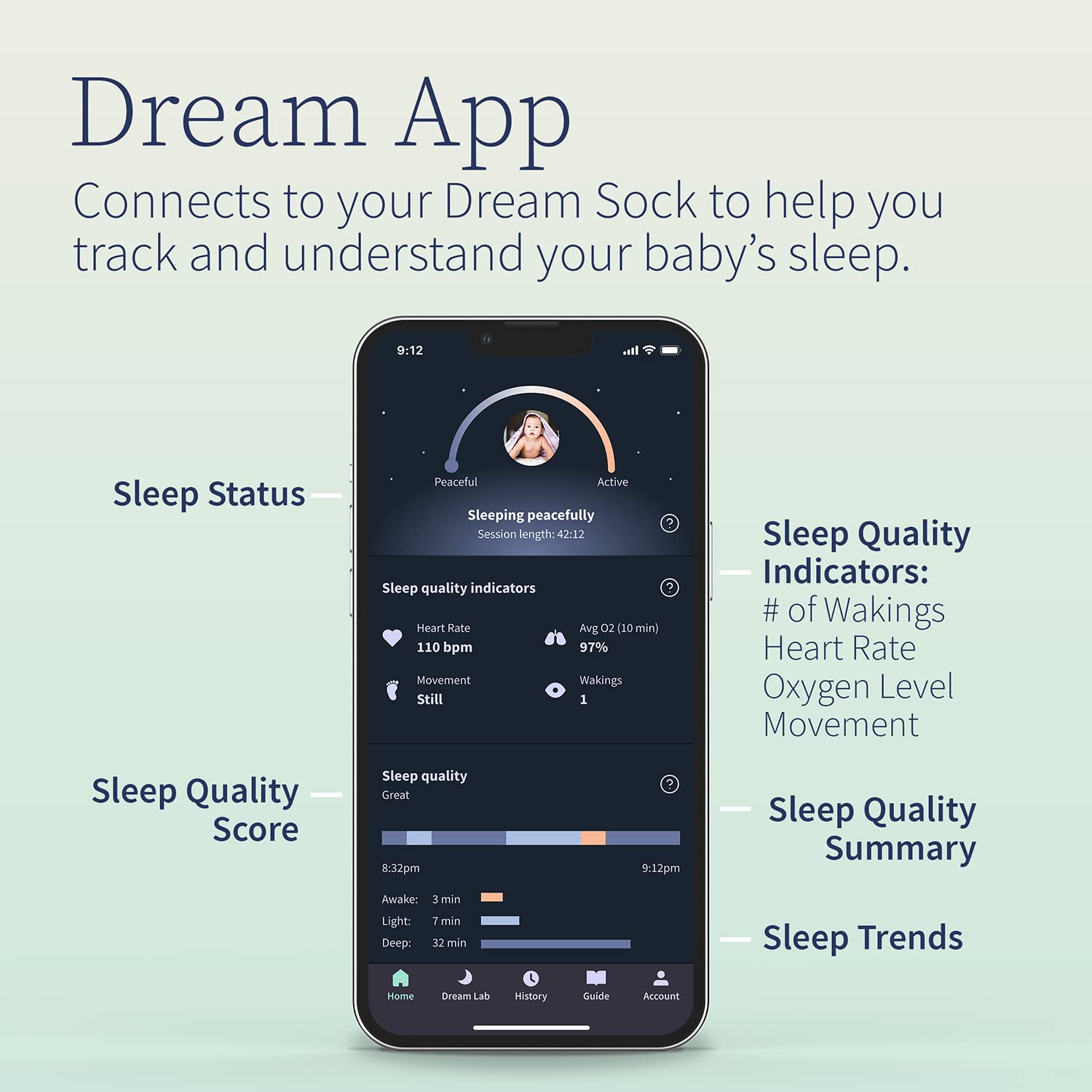 Owlet Dream Sock - Smart Baby Monitor View Heart Rate and Average Oxygen O2 as Sleep Quality Indicators. Wakings, Movement, and Sleep State. Digital Sleep Coach and Sleep Assist Prompts - Mint : Baby