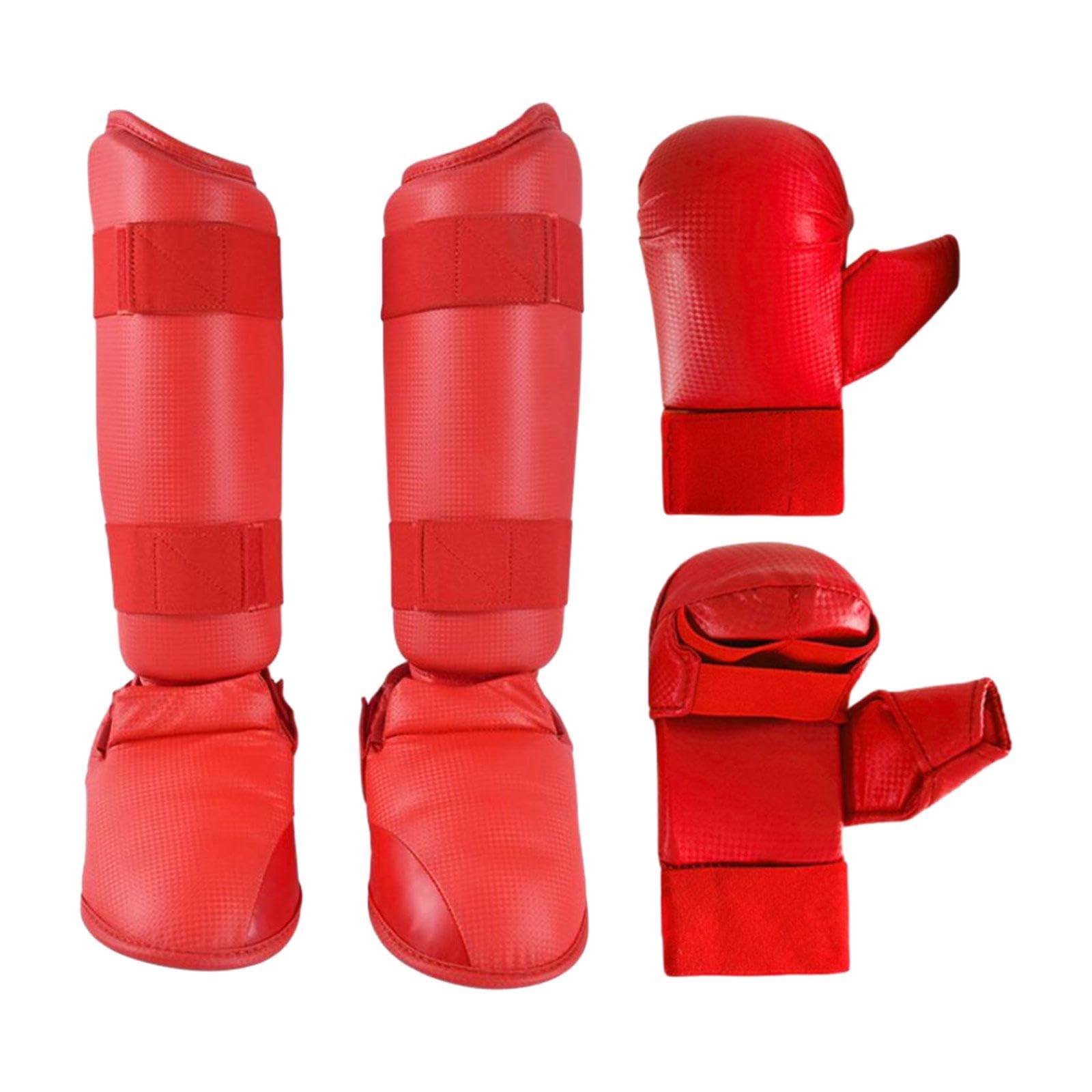 Taekwondo Sparring Equipment Set, Karate Gloves, Boxing Gloves, Shin Guards with Footwear, Punching Bag, Training Gloves, Red, S