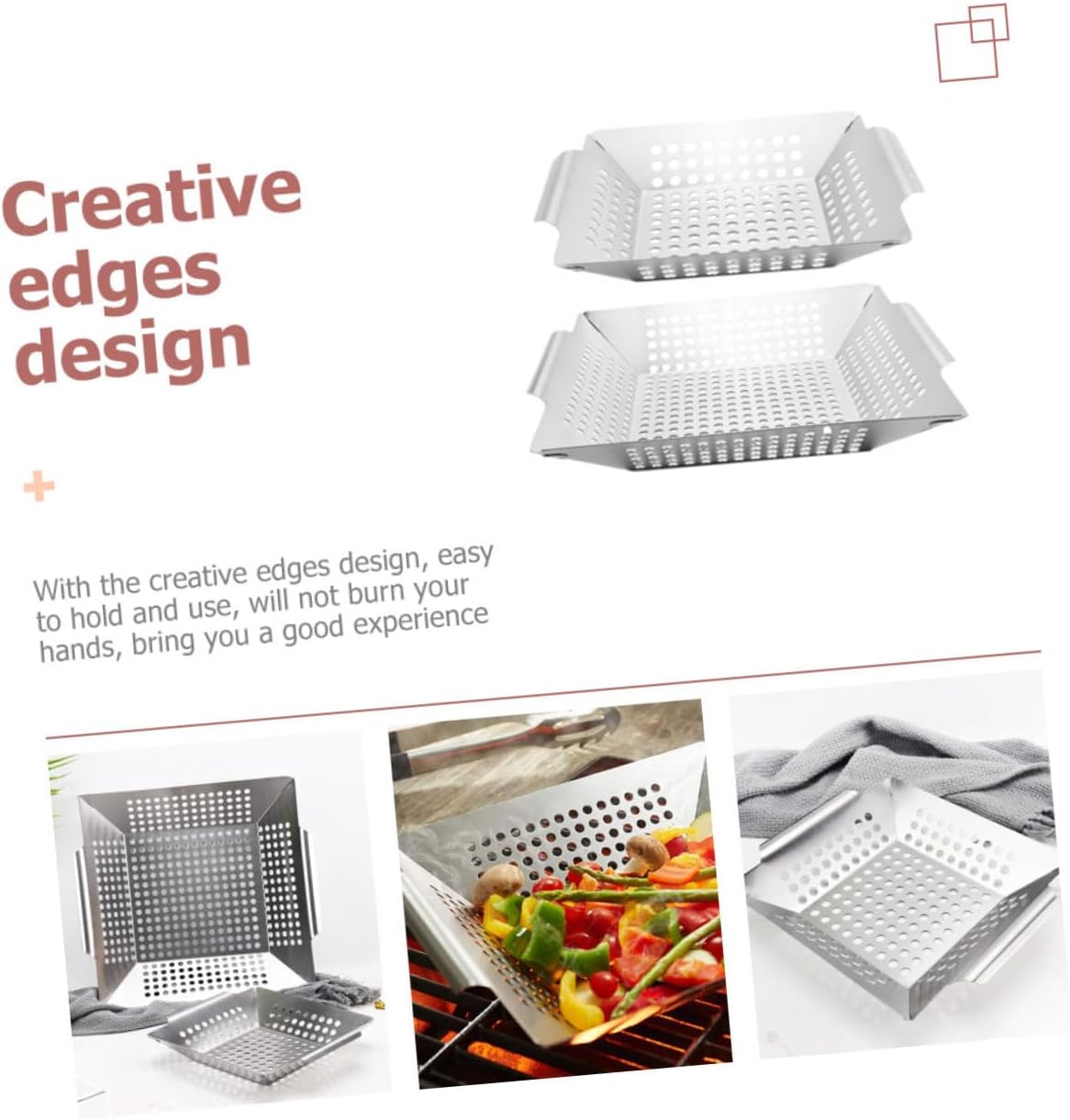 2pcs Stainless Steel Bbq Grill Baskets for Vegetables and Meat, 8-inch Small 12-inch Large, Outdoor Cooking Tool for Camping and Backyard Grilling