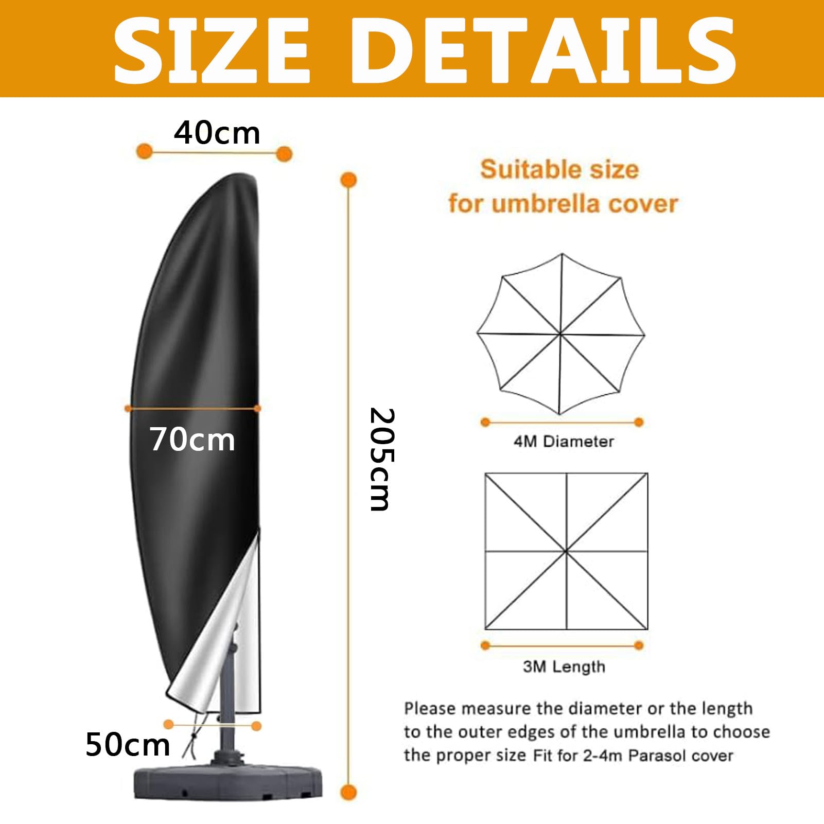 Housse de parasol déporté imperméable en tissu Oxford 210D résistant aux UV et au vent avec tringle (205 x 70 x 40 x 50 cm)