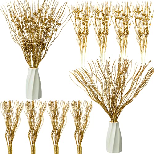 Queekay 24 Pieces Christmas Glitter Berries Stems Ornament Winter Artificial Branches Xmas Picks 15.75 Inch Fake Twigs For Christmas Tree Decoration Diy Wreath Crafts Party Supplies (Gold) #TOP8