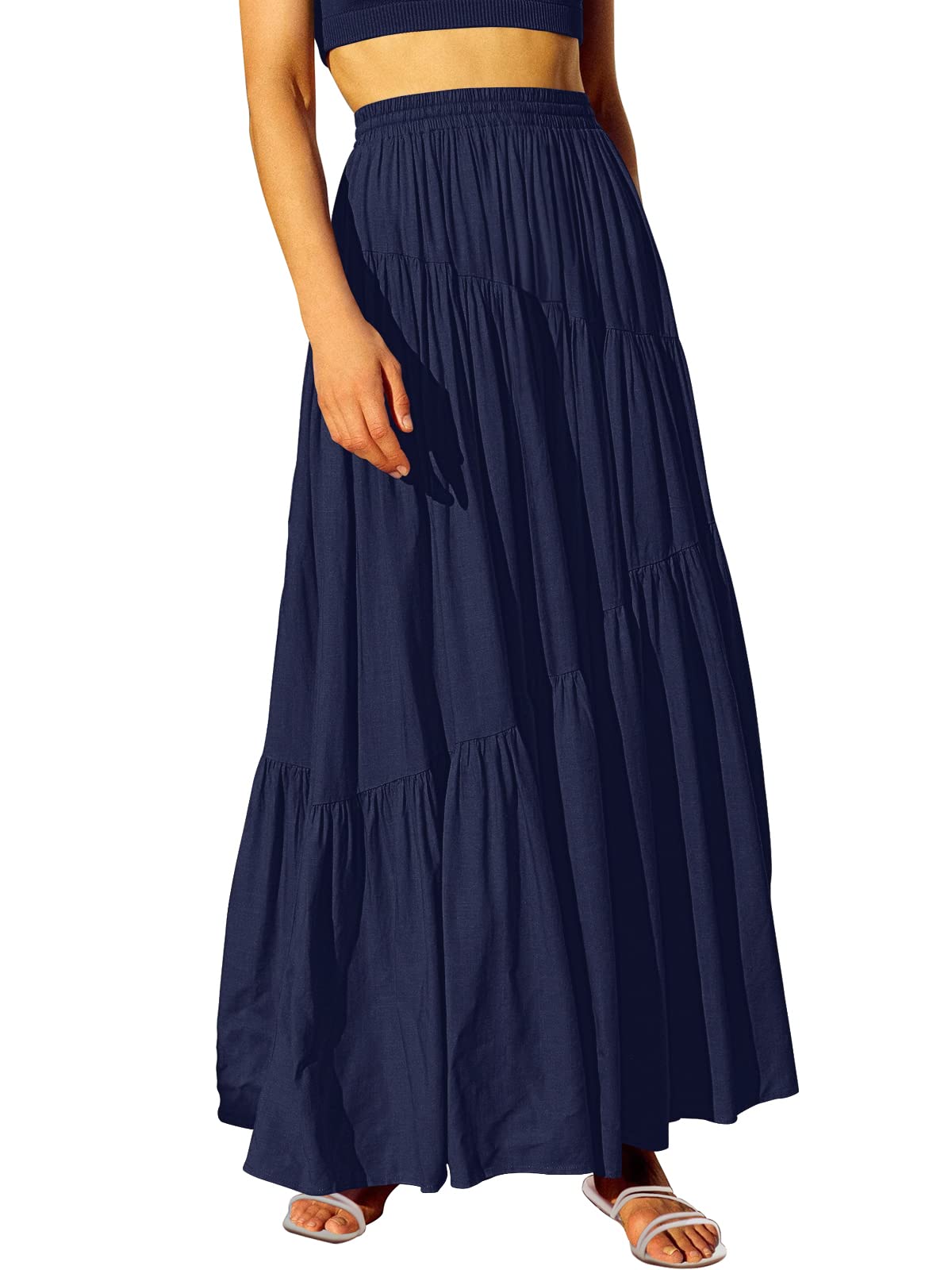 ANRABESS Women’s Boho Elastic High Waist Pleated A-Line Flowy Swing Asymmetric Tiered Maxi Long Skirt Dress with Pockets