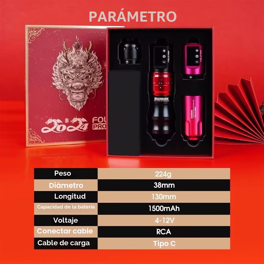 Dragonhawk Fold Pro Wireless Tattoo Machine Pen Máquina de tatuar Adjust Stroke Length 2.4 to 4.2mm Máquina de tatuaje con batería para Agujas de Cartucho de Tatuaje (RED)