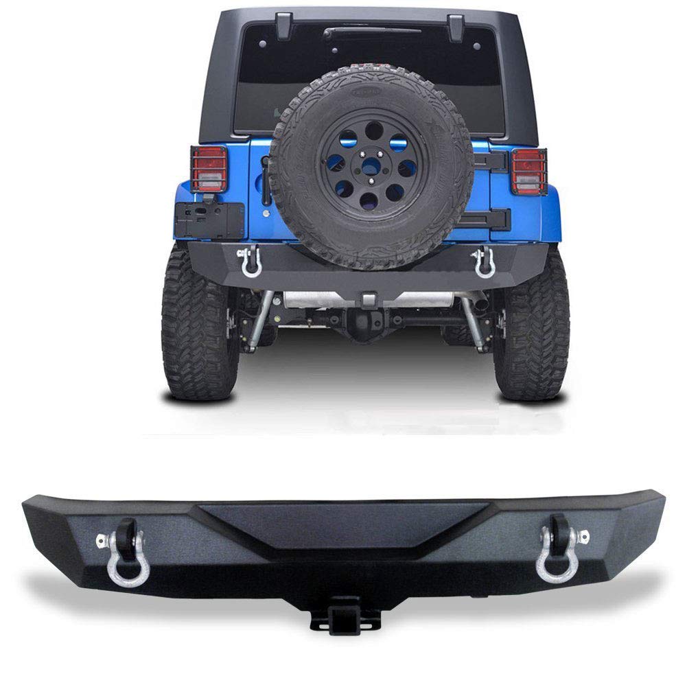 YITAMOTOR Rock Crawler Rear Bumper Compatible with 07-18 Jeep Wrangler JK & Unlimited, Off Road Back Bumper with 2" Hitch Receiver & D-Rings, Textured Black