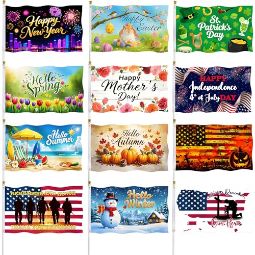 12 Pcs Seasonal Garden Flags 3x5 ft Double-Sided Outdoor Yard Flags with 2 Brass Grommets Each, Includes Spring, Summer, Fall, Winter & Major Holiday Flags for Year-Round Garden and Yard Decor