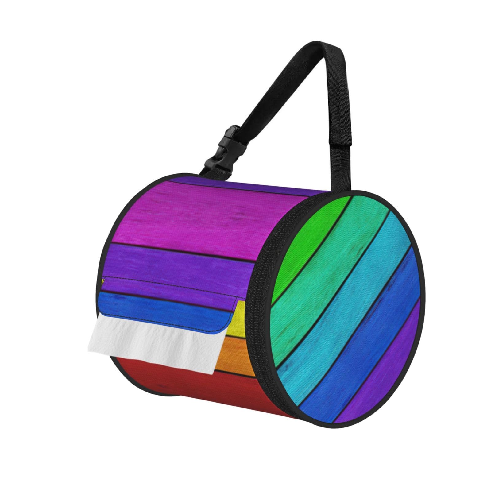Rainbow Colored Wood Background Printed Roll Paper Carrier Bag, Foldable Oxford Cloth Tissue Case for Camping Hiking Backpack