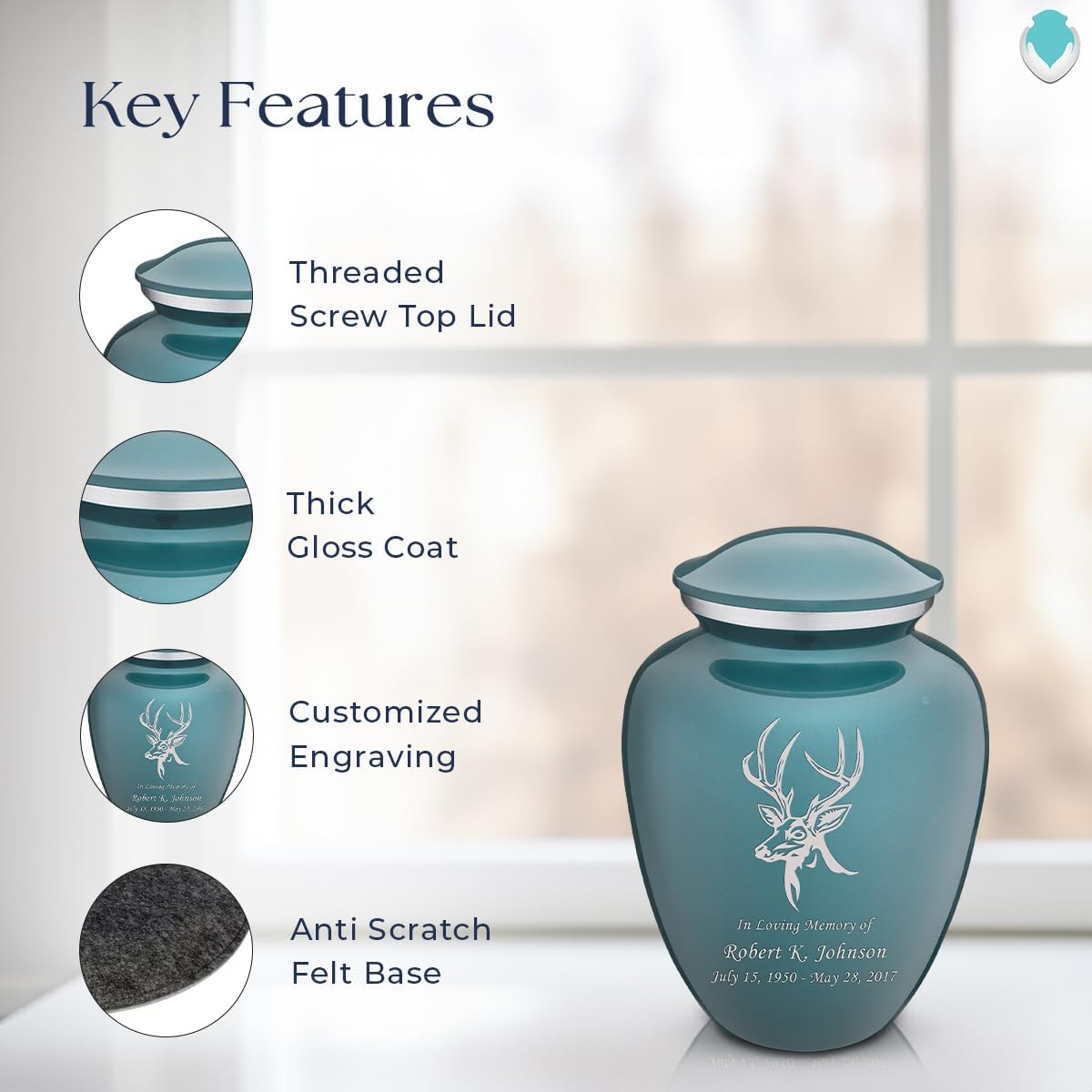 Geturns - Small Personalized Deer Cremation Urns for Human Ashes I Teal Funeral Urn for Men and Women I Holds up to 44 Cubic Inches