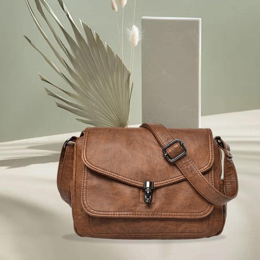 Women Shoulder Bags PU Leather Large Capacity Flap Top Crossbody Satchel Handbag Adjustable Suitable for Work Vacation, Brown