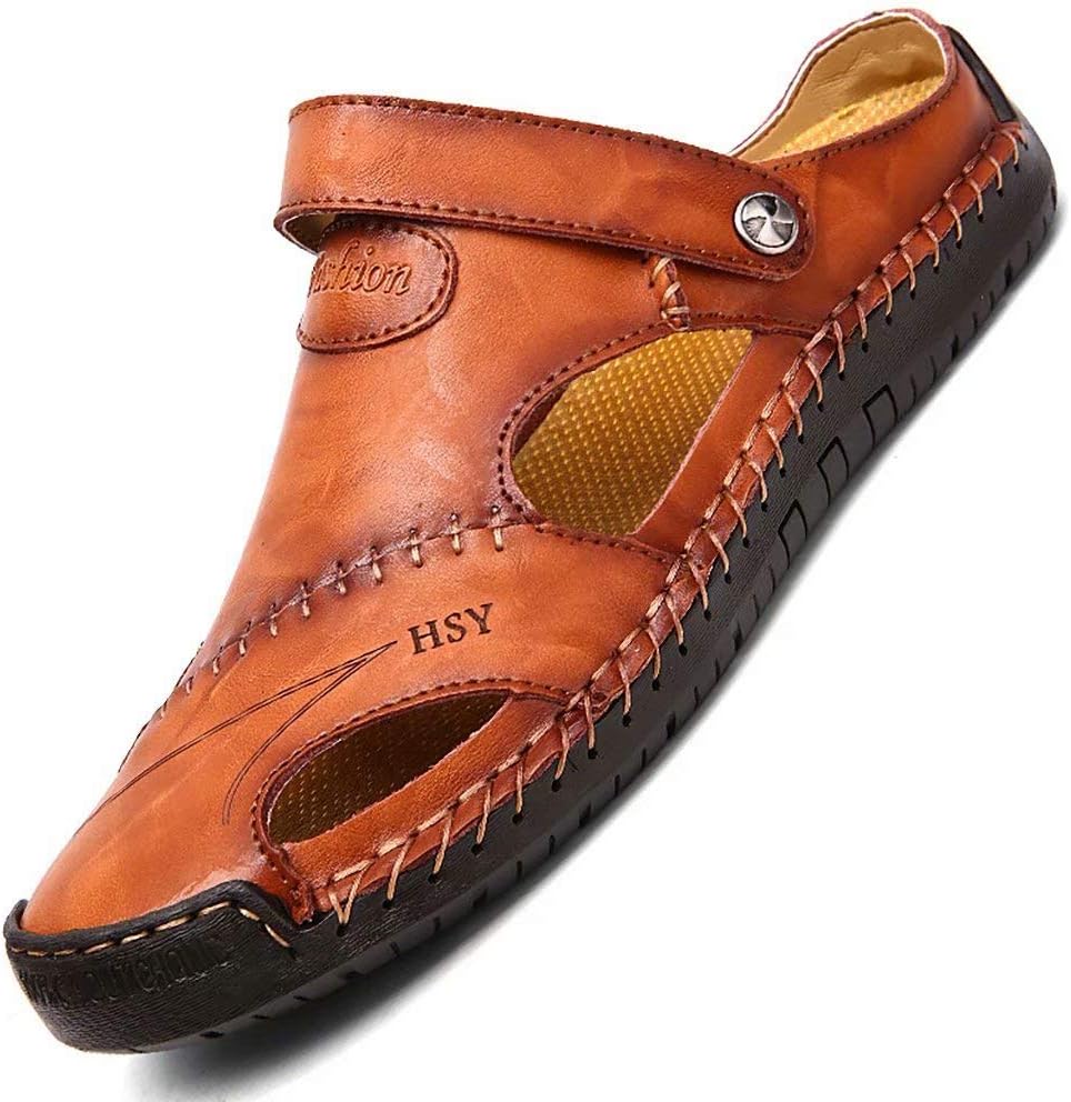 Mens Casual Leather Sandals Summer Beach Slipper Mens Comfort Outdoor Shoes Fashion Lightweight Trail Water Sandal Adjustable （Two Ways）