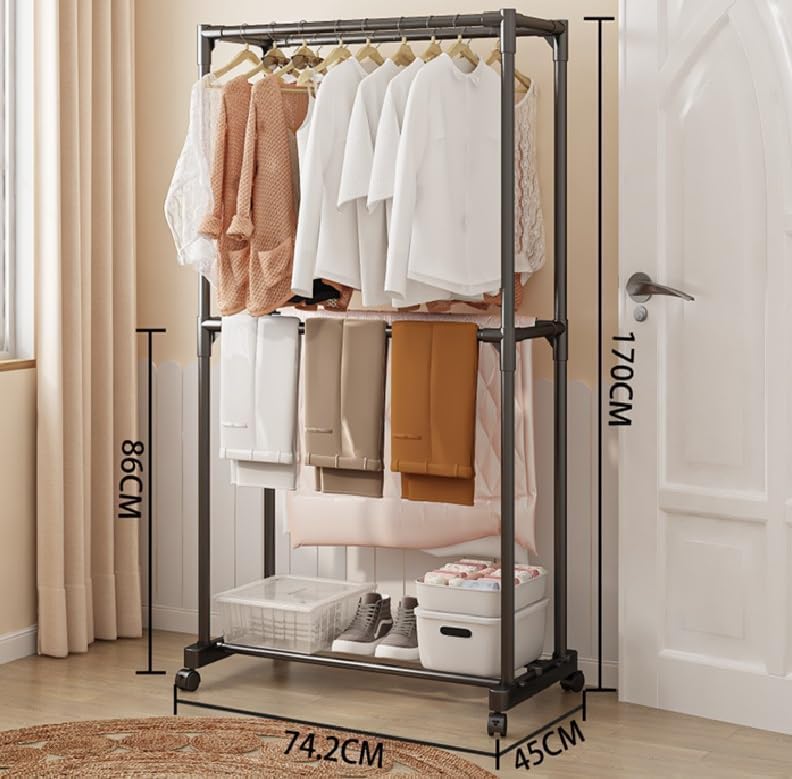 Image of Metal Multifunctional Heavy-Duty Quality Garment Stand Cloth Rack Freestanding Storage with Bottom Shelves Adjustable Single Solid Stainless Steel Spider (Double Stnad)