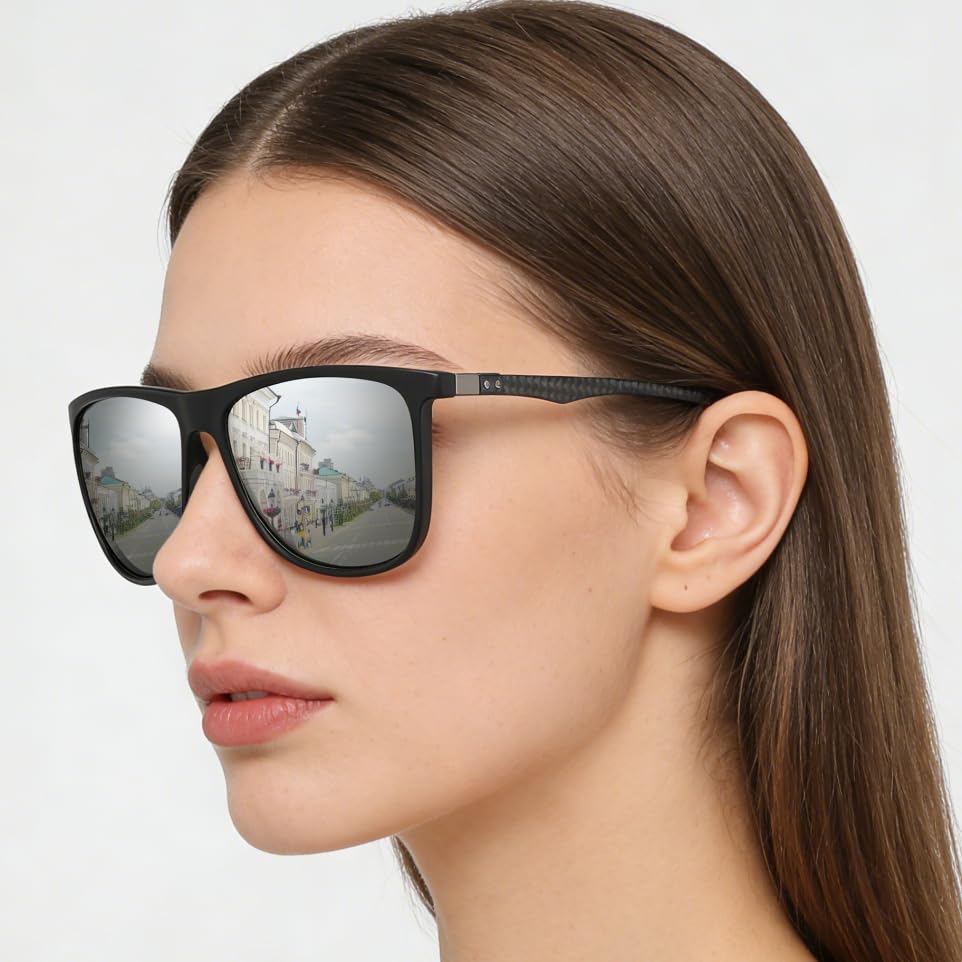 Image of Carbon Fiber Polarized Sunglasses for Men Women, Retro Square Frame, UV400 Protection, HD Grey /Green /Silver /Blue Gradient Lens, Driving Fishing Sports (C2 Black frame with Silver lens)