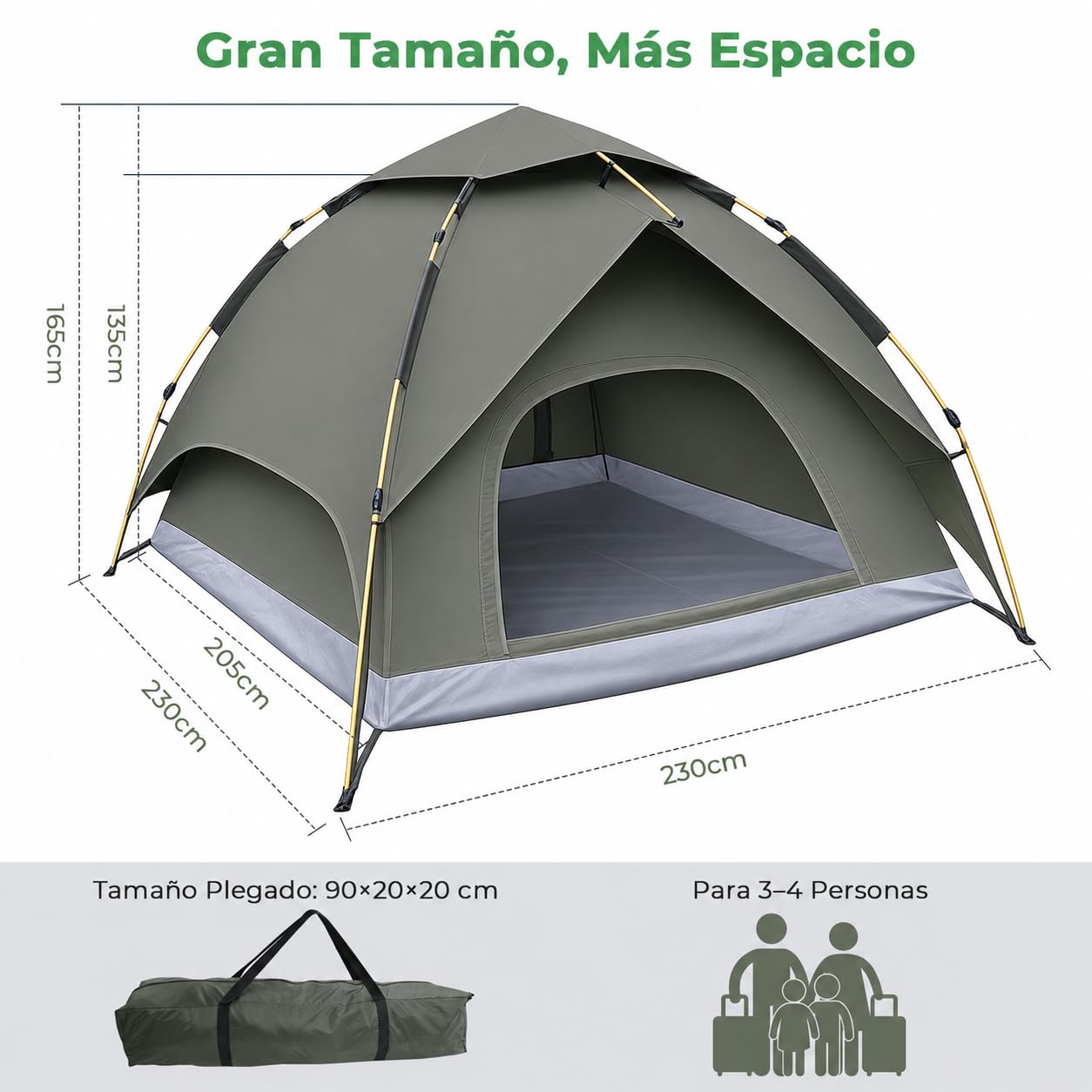 Tienda de campaña para 3 Personas, Tienda de campaña desplegable con Tienda Exterior extraíble, Tienda Interior 205 x 205 x 135 cm, Impermeable y Resistente al Viento, Tienda de campaña para Camping