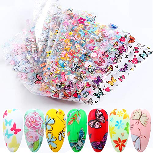 10 Pcs Nail Art Accessory Foils Colorful Nail Foil Transfer Stickers Butterfly Flower Pattern Nail Decal Transfers for Manicurist and Love Beauty Women Acrylic False Natural Nails Decorations Designs