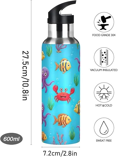 Miniatura 9 de Cute Colorful Cartoon Fish Stainless Steel Vacuum Insulated Water Bottle 32 Oz Leakproof Water Bottles, BPA-Free Sports Water Bottle