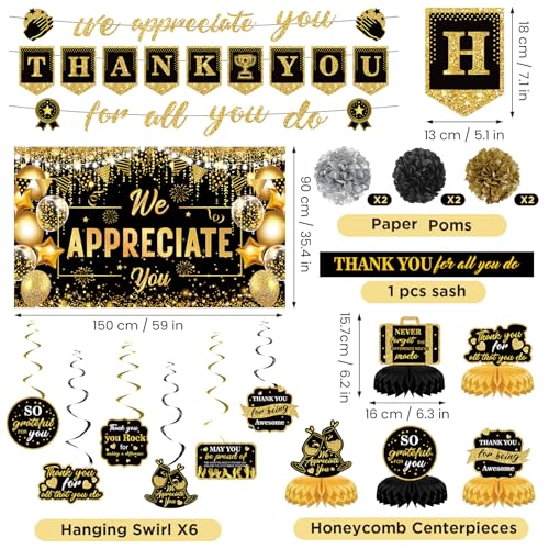 Image of We Appreciate You Party Decorations Black Gold Thank You for All You Do Banner Honeycomb Centerpieces Hanging Swirls for Office Employee Staff Appreciation Gift Pastor Teacher Party Veterans Day Decor