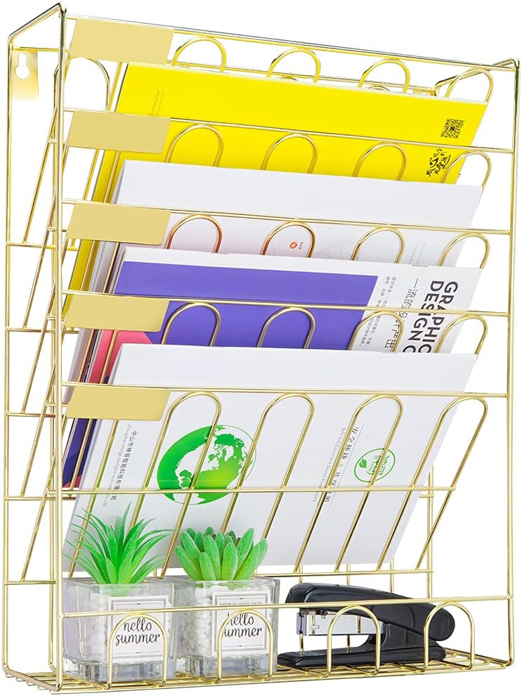 Spacrea Hanging File Holder Organizer - 6 Tier Wall Mount File Organizer, Hanging Wall File for Office, School or Home (Gold) : Office Products