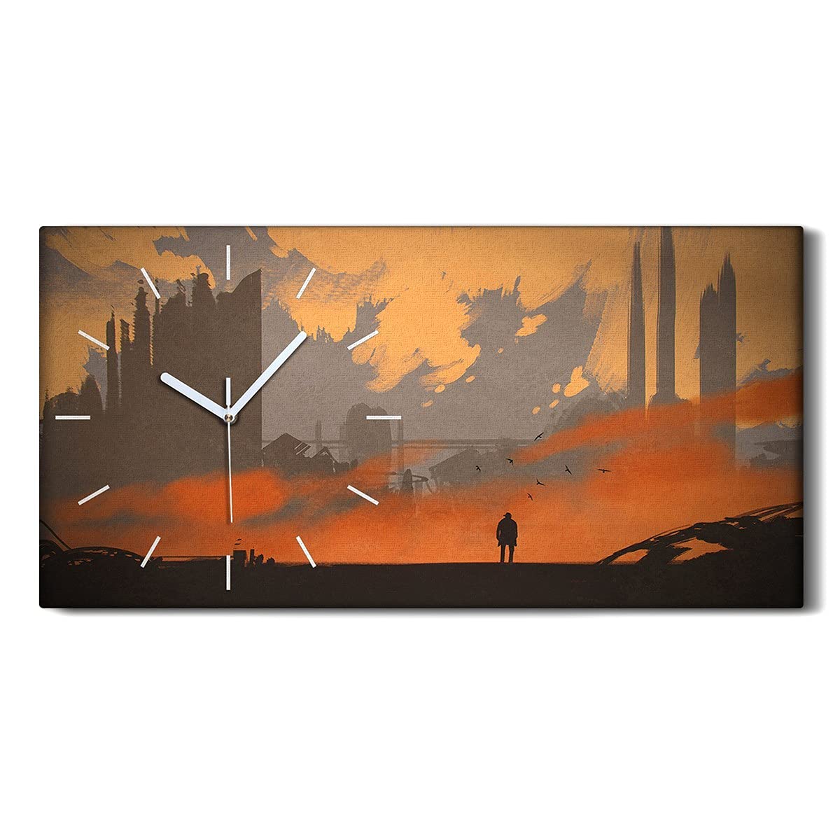 Horloge sans tic tac 60x30cm tableau art mural ville abandonnée mains blanches salon