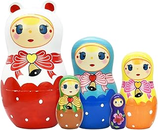 Nesting Dolls 5pcs Handmade Russian Wooden Matryoshka Dolls Cute Cartoon Pattern Nesting Doll Toy Stacking Doll Set for Kids Christmas and Birthday