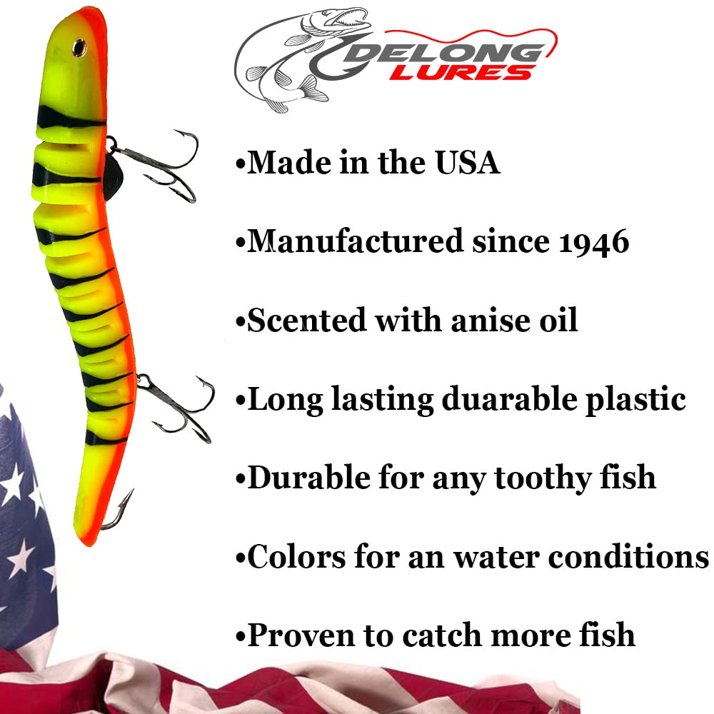 Delong Lures - Señuelos de pesca de bruja voladora para almizclado, lucio, almizcle, cebos segmentados de desgarro lento de agua dulce salada (tigre de fuego)