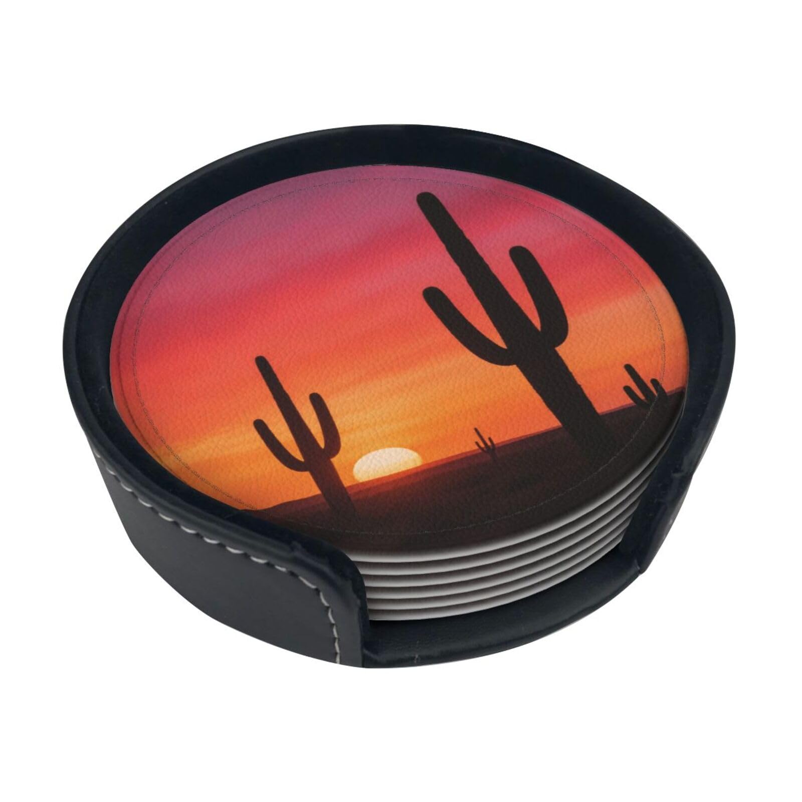 Desert Cactus Silhouette Leather Coasters-Set of 6 with Storage Holder