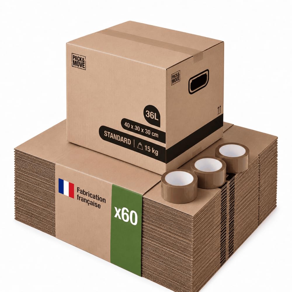 Pack and Move – Packung mit 60 Umzugskartons zur Buchaufbewahrung – 40 x 30 x 30 cm – verstärkte Griffe – 3 gratis Kleber