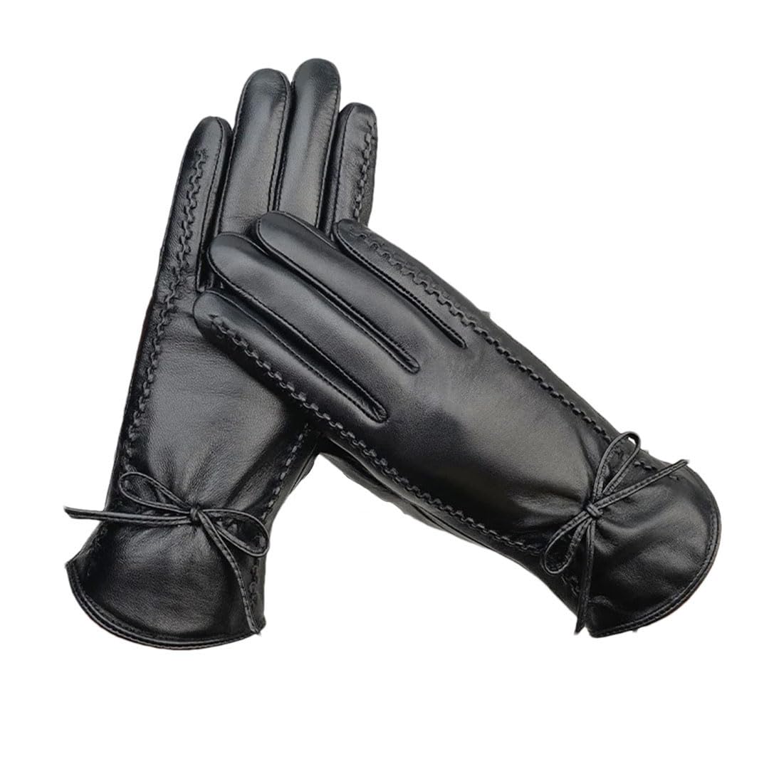 Guantes de piel auténtica para mujer, de invierno, con forro polar, térmicos, gruesos, de piel de oveja, guantes para pantalla táctil, color negro, talla M, Negro, M